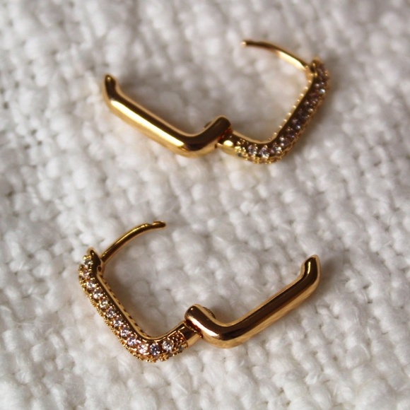 Gold Oval Pave Simulated Diamond Huggie Hoop Earring - Picture 2 of 6